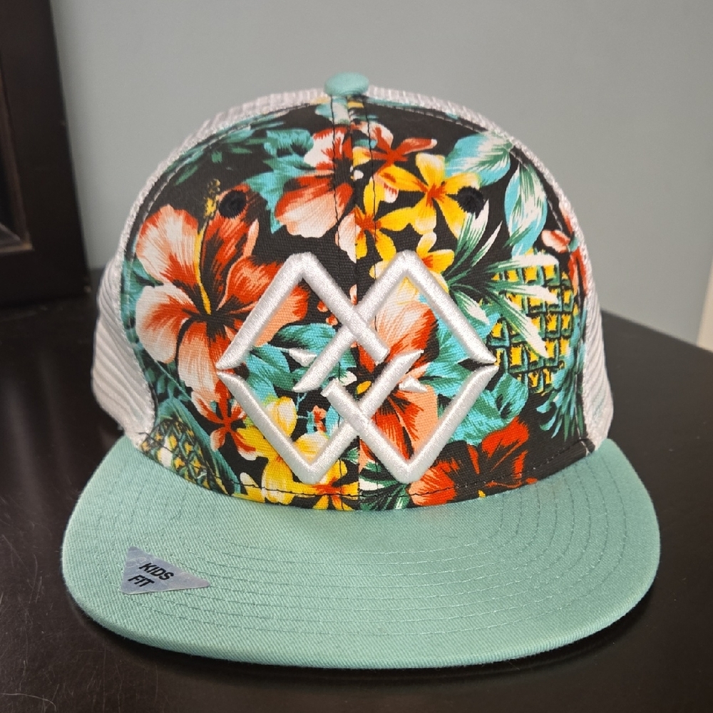 Tropical Floral Kids Hat with Mint Brim